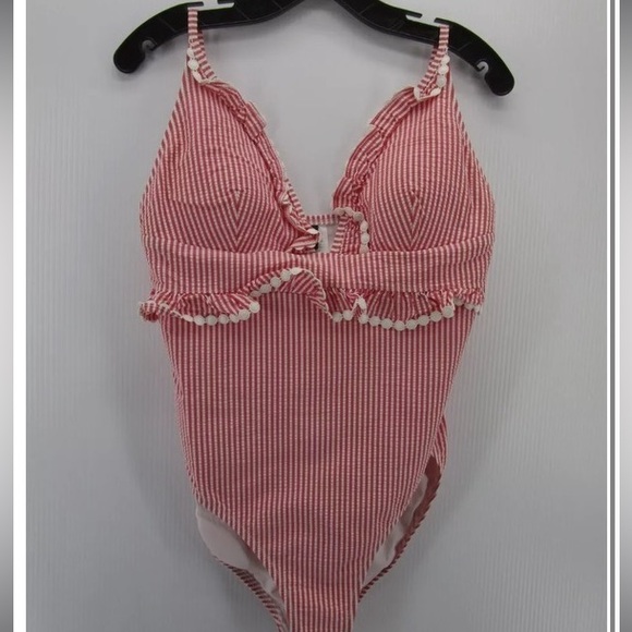 J.Crew Pink & White Seersucker Juliette Tank W/Ruffle Trim One Piece Swimsuit 14 - Picture 4 of 11